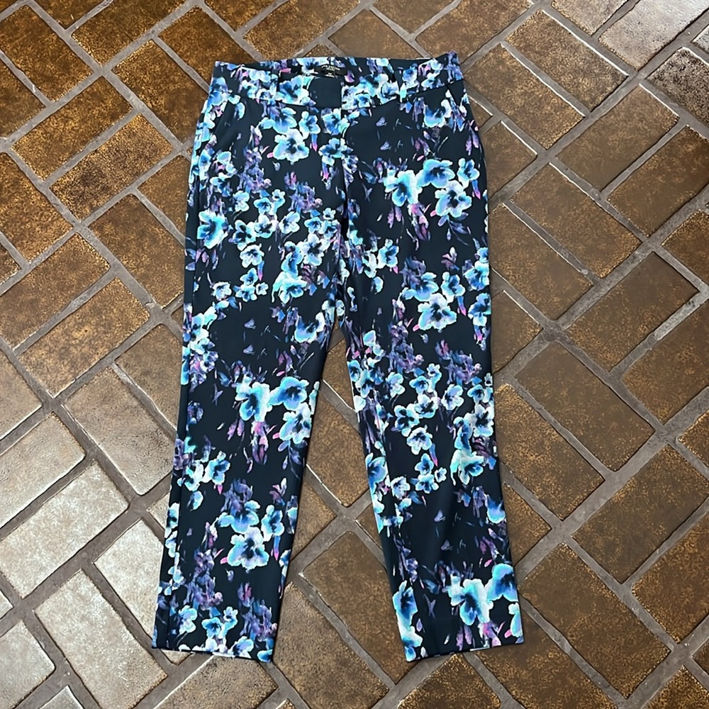 Ann Taylor Navy Purple & Pink Watercolor Floral Print Ankle Pant
